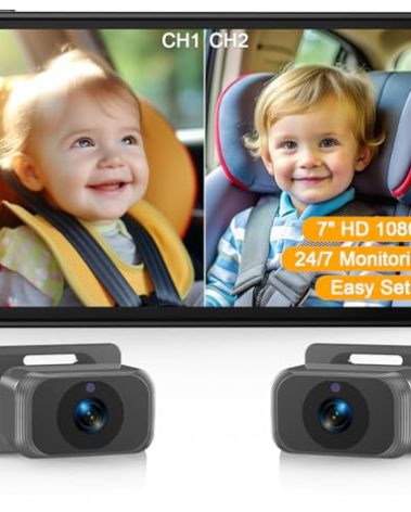 Baby Car Camera for 2 Kids - 7-Inch Split-Screen Monitor, Dual HD 1080P Cameras, Night Vision, 360° Rotatable, Easy Install Backseat Camera for Safety & Convenience - Perfect for Twins or Siblings