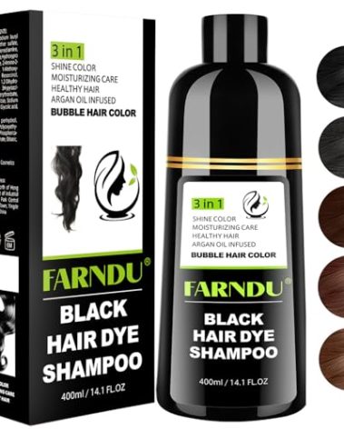 Farndu Black Hair Dye Shampoo for Women & Men, Gray Hair Coverage Herbal Natural 3 in 1 Hair Color Shampoo, Champu para canas