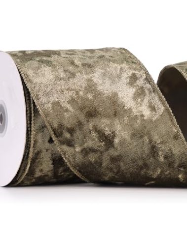 MAYREEL 4 Inch Green Crushed Velvet Ribbon Wired Extra Wide Olive Green for Christmas Decorations Gift Wrapping Wreaths Tree Toppers 10 Yards