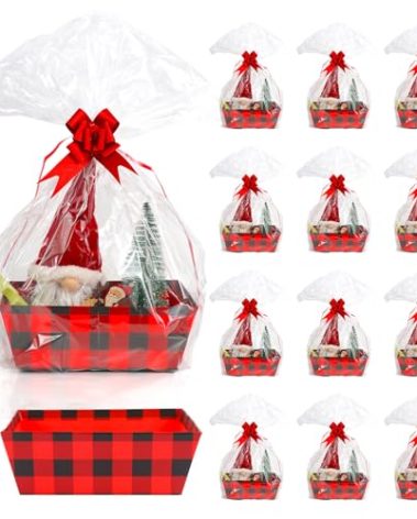 Kolewo4ever 36Pcs 12 Pack Christmas Basket Gift Set 8x10'' Gifts Baskets for Gifts Empty to Fill with Basket Empty, Basket Bags, Red Pull Bows for Christmas Holiday (Red and Black Plaid)