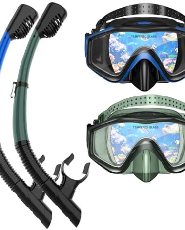 ACQCES Snorkeling Gear for Adults, Dry Top Snorkel Mask Set 2 Pack Scuba Diving Mask Snorkel Gear Anti Fog Snorkeling Packages Tempered Glass Panoramic View, Black+Green
