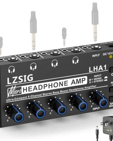 LZSIG Headphone Amplifier 4 Channel, Metal Stereo Audio Amplifier with Bass Boost, Mini Earphone Splitter with Power Adapter, 1/4" & 1/8" TRS Headphones Output & TRS Audio Input, DC 12V