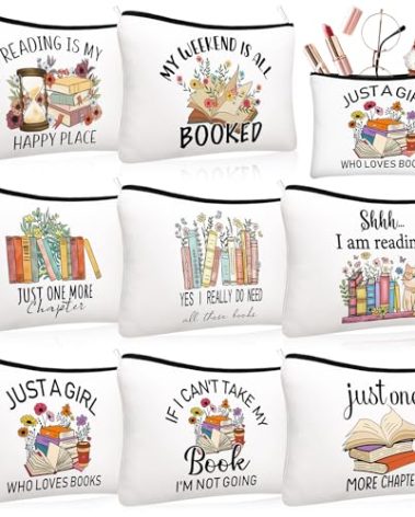 Cosblank 8 Pcs Book Club Gifts Book Lovers Makeup Bag Gifts for Women Cosmetic Bag with Zipper Pouch for Teen Adult Women Lovers Librarian Bookish Club Gifts(Book,Flower)