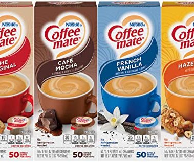 Coffee Mate Liquid .375oz, 4 Flavor Variety 200 Count including Original, Cafe Mocha, French Vanilla & Hazelnut