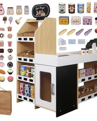 Kids Grocery Store Playset,Pretend Play Store Toy & Wooden Supermarket Shopping Cart with Toy Cash Register, Play Money&Blackboard;58 PCS Accessories Food Toys Shop for 1 Year Old Boys Girls Toddler