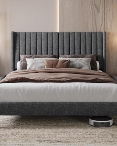 Yaheetech Queen Size Bed Frame, Upholstered Platform Bed with Wing Edge Channel Headboard, Square Tufted Fabric/Mattress Foundation/Wooden Slats Support/No Box Spring Needed/Easy Assembly/Dark Gray