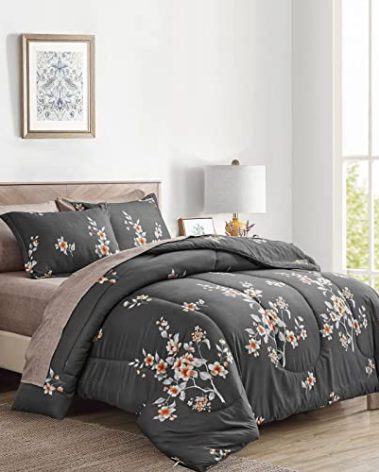 7 Pieces Bed in a Bag Queen Comforter Set with Sheets, Dark Grey Floral Design, Soft Microfiber Bedding Sets for All Season (1 Comforter, 2 Pillow Shams, 1 Flat Sheet, 1 Fitted Sheet, 2 Pillowcases)