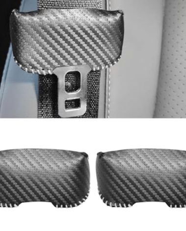 SUNBREATH Universal Car Seat Belt Buckle Cover Carbon Fiber Leather Seatbelt Clip Protector Decoration Accessories Style B for Most Vehicles 2PCS Black with White Stitches