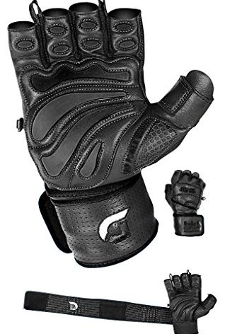 Elite Leather Gym Gloves with Built in 2" Wide Wrist Wraps Best Grip & Design for Weightlifting Power Lifting Bodybuilding & Strength Training Workout Exercises (Black, 3X-Large)