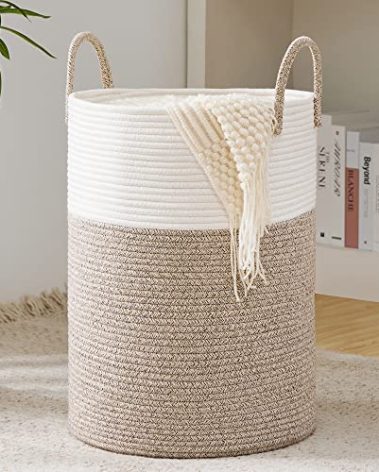 YOUDENOVA Woven Rope Laundry Hamper Basket, 58L Tall Laundry Basket, Baby Nursery Hamper for Blanket Storage in Bedroom-Large-Brown