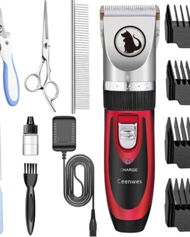 Ceenwes Dog Clippers with Storage Case Low Noise Pet Clippers Rechargeable Trimmer Cordless Grooming Tool Professional Dog Hair Trimmer with Comb Guides Scissors for Dogs Cats & Others（Red）