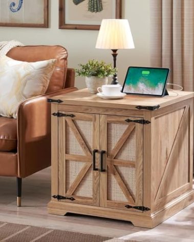 Barnyatoh Farmhouse Boho End Table with Charging Station, 24" Large Side Table with Rattan Barn Door, Rustic Wood Square Nightstand Bedside Table with Storage for Living Room, Bedroom, Natural