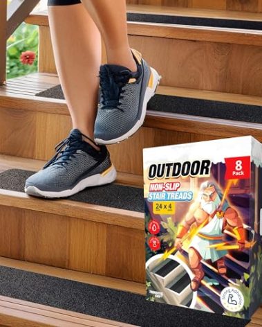 Thunder Grip Outdoor Stair Treads Non Slip 24" x 4" - 8-Pack Weather Resistant Exterior Grip Tape for Wooden Steps - Anti Skid Strips - Waterproof 80-Grit Adhesive Treads