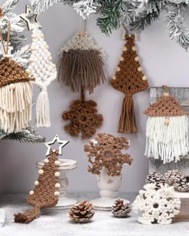 Cinnvoice 9 Pcs Boho Christmas Tree Hanging Ornaments - Knitted Decorations, Gnome Rustic Farmhouse Decor, Macrame Handmade Ornament for Holiday