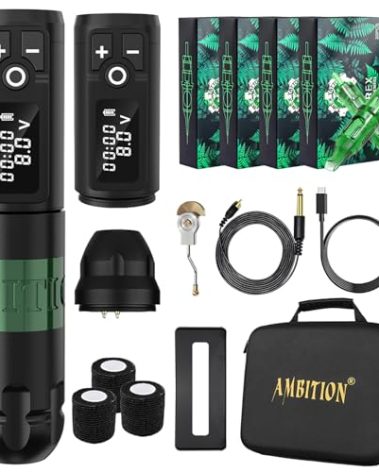 Ambition Soldier Wireless Tattoo Machine Kit Complete Rotary Coreless Motor Tattoo Pen Kit with Extra 2400mAh Battery 80pcs TREX Mixed Size Cartridge Needles Supply for Professional Tattoo Artist