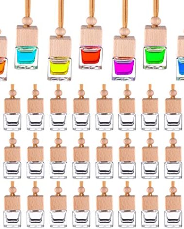 60 Pcs Hanging Car Air Freshener Car Diffuser Bottle Empty Glass Perfume Bottles Air Freshener Diffuser Bottle Pendant for Essential Oils Fragrance Aromatherapy Ornament Decor (Fresh Style)
