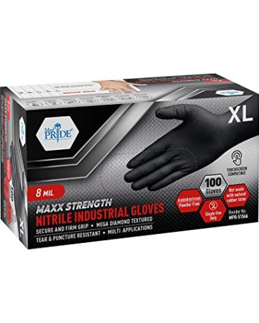MED PRIDE 8 Mil Nitrile Gloves XL Black Diamond Textured Heavy Duty Disposable Latex and Powder Free Box of 100