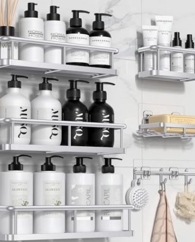 YASONIC Shower Caddy, 6 Pack Large Capacity Bath Organizer with Soap Holder and 12 Hooks, Rustproof bathroom Shelves for Inside Shower, No Drilling&Sleek Bathroom Organizers and Storage Silver