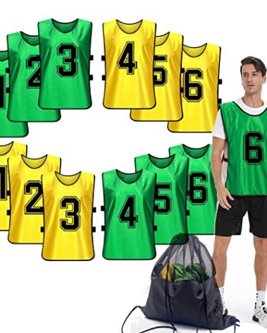 PULUOMASI Sports Pinnies-Numbered Practice Vest Pennies for Soccer Basketball Jersey Bibs -Set of 12/Youth Adults Team Green Yellow XL