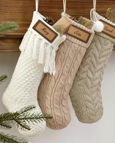 Farmhouse Personalized Knitted Christmas Stockings, 3 Packs 18 inche Knit Christmas Stockings, Rustic Farmhouse Boho Style Stocking Decorations for Family Holiday Season Decor, White & Beige