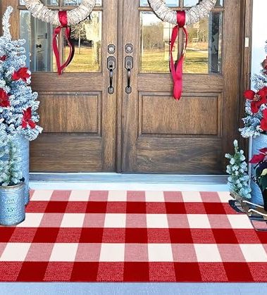 Christmas Outdoor Rugs 24 x 51''Red White Buffalo Plaid Front Porch Rug Hand-Woven Machine Washable Indoor/Outdoor Layered Door Mats for Entryway/Bedroom/Outdoor