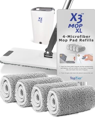 X3 Mop XL Replacement Microfiber Cleaning Pads, 4 Pack of Reusable Flat Mop Heads. (Pads fit X3 Mop XL Only)