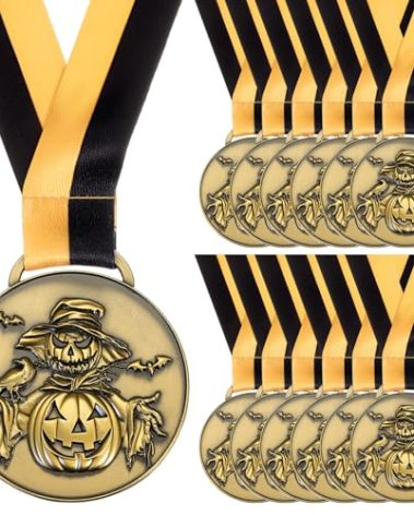 Loetere 24 Pcs Christmas Award Medals Bulk 1.97 Inch Gold Xmas Santa Medals with Ribbon Xmas Contest Trophy for Festival Party Supplies Decor Competitions Prizes (Halloween)