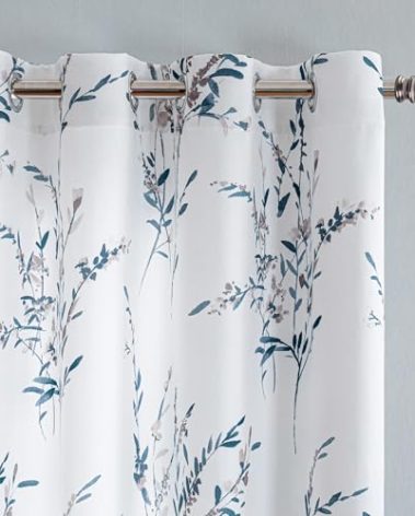 MYSKY HOME Floral Curtains 63 Inch Length 2 Panels for Bedroom Living Room Thermal Insulated Light Filtering Soft Curtains for Home Decor Grommet Leaf Flower Printed Window Treatments, Navy Blue