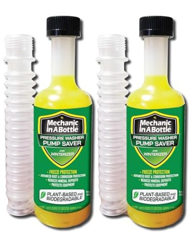 Mechanic in a Bottle Pressure Washer Pump Saver and Winterizer. Advanced Rust & Corrosion Protection, Reduces Mineral Deposits, Protects Equipment. 8 oz with Flexible Pour Hose - 2 Pack.