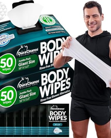 Body Wipes for Men (2 Pack) – 100 XL No Rinse Shower Sheets + 8 Travel Bath Wipes, 10" x 11.5" Adult Disposable Washcloths for After Gym Use, Hunting, Camping and Travel