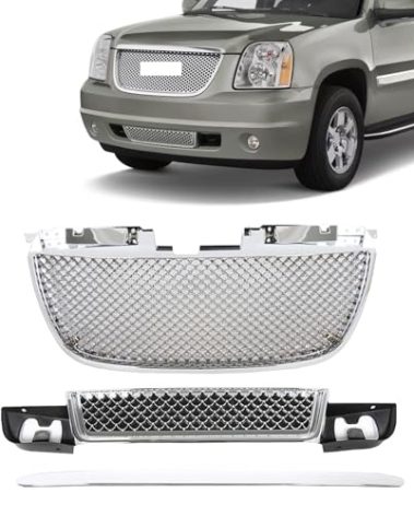 JX RACING Front Upper Grill Lower Grille and Hood Molding Trim Compatible with GMC Yukon XL Denali 1500 2500 2007 2008 2009 2010 2011 2012 2013 Mesh Style Chrome Set GM1200610 GM1036114 GM1235106