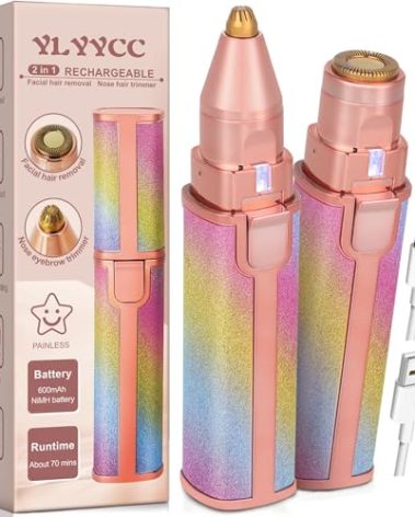 YLYYCC Facial Hair Removal for Women: 2-in-1 Rechargeable Nose Hair & Eyebrow Trimmer, Face Shaver with Built-in LED Light for Removing Chin, Upper and Lower Lip Area Peach Fuzz