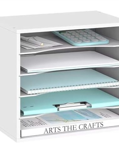 SUPEASY Wood Desk Organizer, 5 Tier Paper File Organizer for Desk, Wooden Desktop Organizer, Paper Letter Literature Mail Sorter, for Office School & Home Organization, White