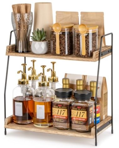 ANBOXIT Countertop Coffee Station Organizer, 2 Tier Wooden Shelf for Coffee Bar Accessories, Condiment Storage Caddy for Kitchen, Home, Office - Brown
