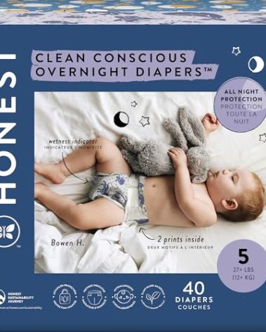 The Honest Company Clean Conscious Overnight Diapers for Sensitive Skin Hypoallergenic Fragrance-Free Baby Cozy Cloud and Star Signs Design Club Box Size 5 (27 lbs) 40 Count