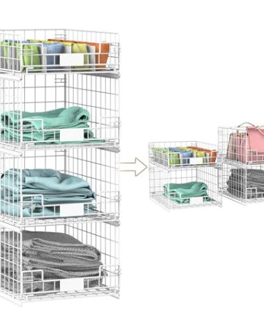 4 Pack Sliding Closet Organizers and Storage, Stackable Closet Storage Shelves, Pull Out Clothes Storage Organizer Baskets/Containers/Drawers with Dividers for Wardrobe (White-Sturdy Wire Metal Frame)