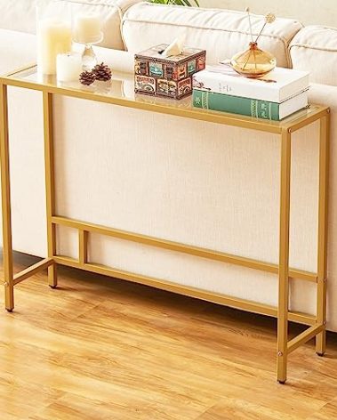 MAJARO Small Modern Console Table for Entryway, Tempered Glass with Metal Frame Sofa Table for Living Room, Hallway, Office (Single-Layer, Gold)