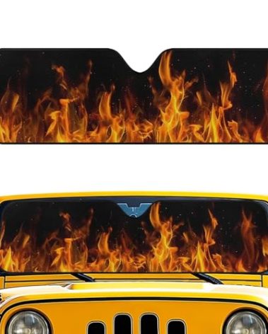 Pensura Fire Printing Windshield Sun Shade Compatible with Wrangler JK JKU TJ 1997-2018, Sunshades Heat Shield, Aluminum Foil Car Window Shade Protect Your Car from Sun Heat