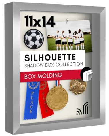 Americanflat 11x14 Shadow Box Frame with Shatter-Resistant Glass - Silhouette Collection - Large Shadow Box Display Case for Tabletop and Wall Display - Silver with Soft Felt Back