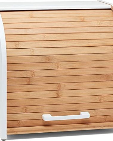 HOMEFULLY Bamboo Double Layer Bread Box for Kitchen Countertop, Roll Top Bread Box Wood, Extra Large for Kitchen Storage, Modern Bread Bin Wooden (White)