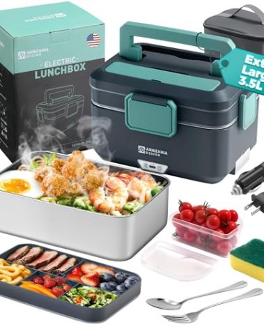 Annie & Mia Design Electric Lunch Box for Adults, 90w 3.5L 2-Layer Portable Food Warmer, Dual Mode 2.5L + 1L Heated Lunch Box for Adults, Home/Car/Office/Truck Use, Lonchera Eléctrica Portátil