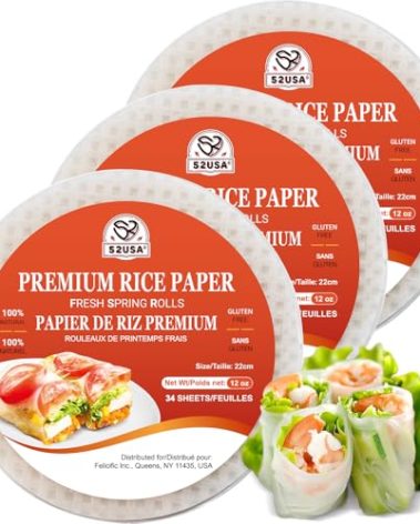 52USA Rice Paper, 3 Pack, Rice Paper Wrappers, Fresh Spring Roll Wrappers & Dumplings-102 Sheets, Gluten-Free Wonton Wrappers, Vegan, Low Carb, Vietnamese Rice Wraps (Round, 22cm)