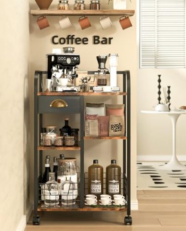 keomaisyto Coffee Cart with Storage Drawer, Coffee Bar Cabinet with Wheels, 4-Tier Adjustable Mobile Coffee Table, Rustic Wood Coffee Bar Station for Kitchen/Entrance/Living Room/Dining Room