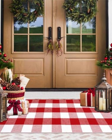 KIMODE Christmas Buffalo Plaid Outdoor Rug 24"x51", Red and White Porch Rug, Washable Reversible Outdoor Christmas Decor, Farmhouse Door Mats Outside for Front Porch Entryway Kitchen Bedroom