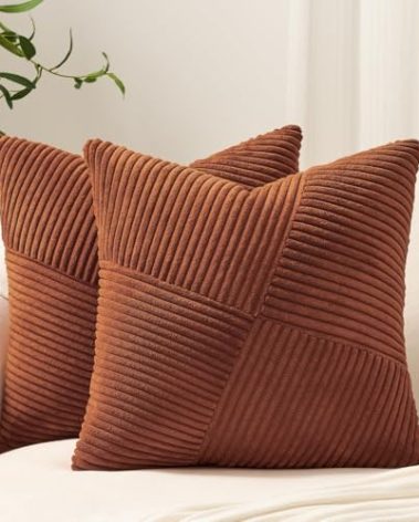 Topfinel 24x24 inches Terracotta Euro Pillow Shams Set of 2 Corduroy Decorative Throw Pillow Covers for Bedroom Living Room, Windmill Textured Striped Patchwork Couch Pillow Covers 60x60 cm