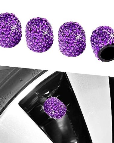 Kewucn Bling Car Tire Valve Stem Caps, 4 Pack Handmade Sparkling Crystal Rhinestone Stem Covers, Dustproof Wheel Tire Valve Caps, Universal Accessories for Car Truck Motorcycle Bike (Purple)