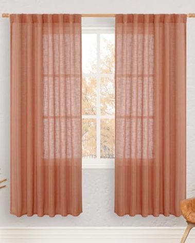 LAMIT Terracotta Linen Boho Curtains 78 inch Length 2 Panels, Light Filtering Semi Sheer Drapes Back Tab and Rod Pocket Neutral Panels for Bedroom/Living Room, 52 x 78 Inch