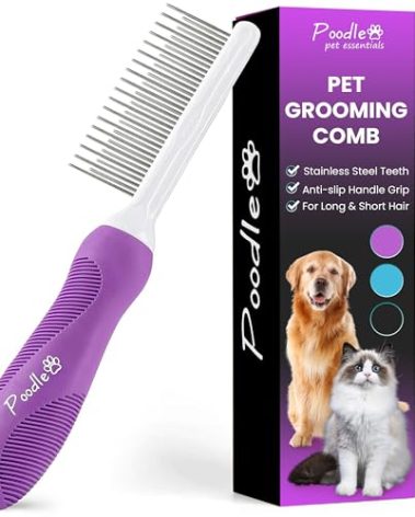 Poodle Pet Detangling Pet Comb with Long & Short Stainless Steel Teeth for Removing Matted Fur, Knots & Tangles – Detangler Tool Accessories for Safe & Gentle DIY Dog & Cat Grooming