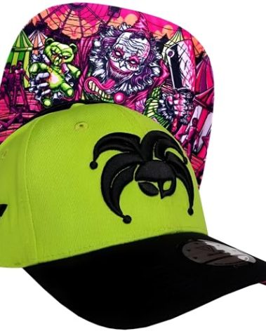 Capiche [99+ Variations] Green Baseball Cap for Men, Carnival Clown Curved, Festival Hat, Mad Hatter, Scary Artwork, Lime Cap, Neon