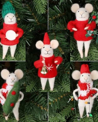 Juegoal Christmas Felt Mice Ornaments Set of 5, Xmas Wool Mouse Hanging Decor, Felt Animal Crafts Woodland Cute Christmas Tree Wreath Decor for Home Party Supplies